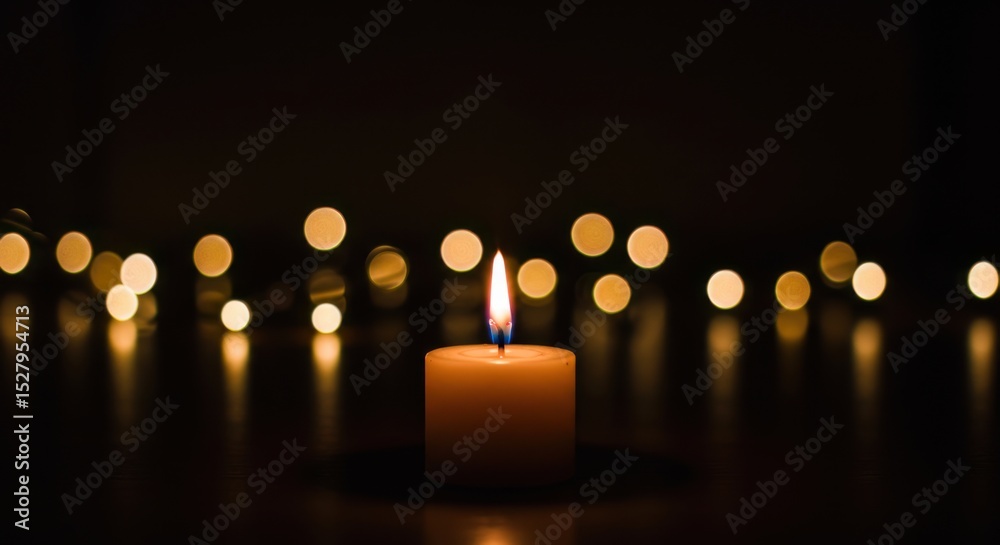 A Single Lit Candle in the Darkness: Tranquil Night Scene with Warm Bokeh Lights A Single Lit Candle in the Darkness: Tranquil Night Scene with Warm Bokeh Lights
