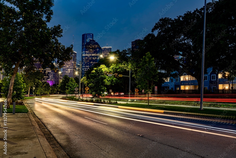 Fototapeta premium View of Allen Parkway with Downtown Houston is the background at Night