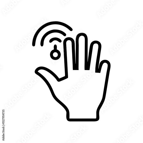Line icon of a raised hand with signal lines, representing gesture control, sensor interaction, and smart interface input.
