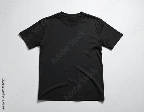 Detail shot of a black t-shirt, flat lay on grey, designed for easy customization. Subtle texture, professional lighting. Great for product presentation