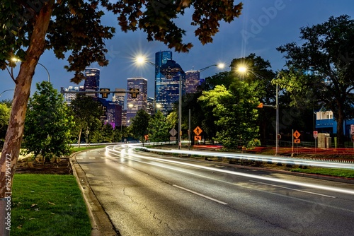 Photography View of Allen Parkway with Downtown Houston is the background at Night