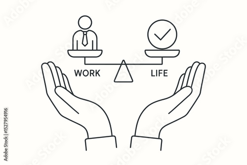 Work life balance concept with hands holding a scale. Career job vs personal life choice metaphor. Line icon for harmony, wellbeing, time management, and mental health. Vector.