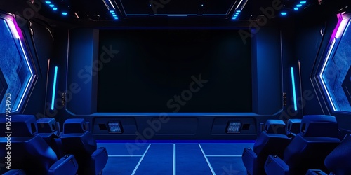 Wallpaper Mural Empty Spaceship Control Room with Large Screen and Blue Cinematic Lighting Torontodigital.ca