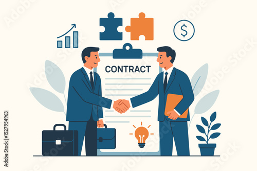 Businessmen shaking hands over a contract. Successful business partnership, agreement, and deal concept. Vector illustration of corporate cooperation, teamwork, and financial growth.