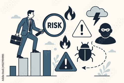 Business risk identification. Manager on growth chart with magnifier analyzes financial threats, corporate dangers. Strategy for crisis, investment, security. Warning, fire, bug, thief, storm. Vector.