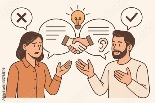 Active listening concept illustration. Communication problem and solution. Empathy and understanding in dialogue. Conflict resolution. Man and woman talking. From misunderstanding to agreement.