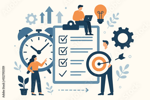 Productivity and time management concept illustration. Business team planning strategy and setting goals. Man holds target, woman at clock, tasks on checklist. Workflow optimization.