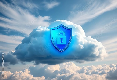Giant cloud with a shield and blue padlock, symbolizing secure cloud data,   risk management,   security system