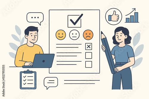 Employee feedback and customer satisfaction survey concept. Business characters filling out a questionnaire with emoticons. Performance review, HR evaluation, user experience rating.