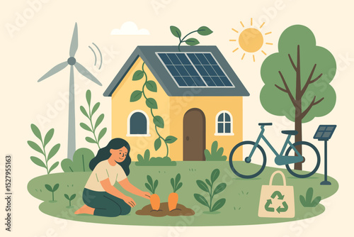 Sustainable living concept with woman gardening. Eco-friendly house with solar panels and wind turbine. Green energy, self-sufficiency, recycling, and conservation vector illustration.