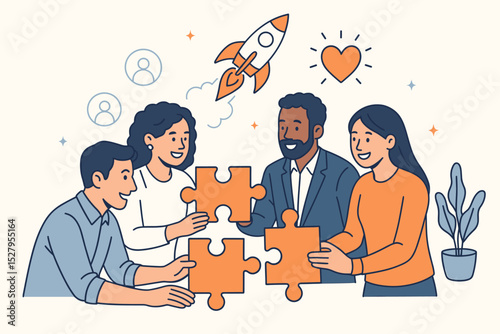 Teamwork collaboration concept. Diverse business team working together connecting puzzle pieces. Metaphor for partnership, solution, strategy, and startup growth. Shared values.