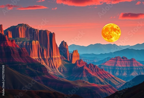 Giant orange moon hangs low over vibrant, layered mountains  Surreal, dreamlike landscape,  hills,  awe