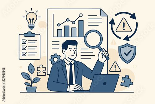 Business risk management concept. Businessman analyzing data with a magnifying glass. Financial audit, compliance, and strategy planning. Corporate security and protection vector.