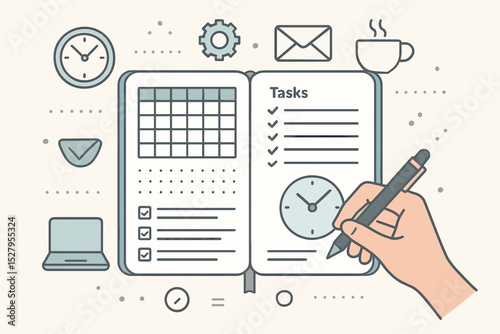 Time management concept. Hand writing in a bullet journal, diary, or planner. Person scheduling tasks on a to do list. Organization and productivity for work, study, or project management.