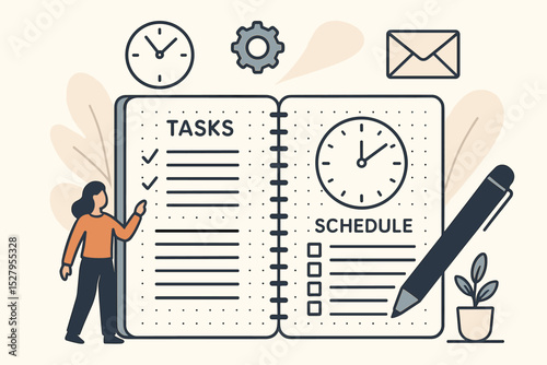 Time management and work planning concept. Business woman with a giant organizer, scheduling tasks on a to-do list. Productivity, agenda, and personal goal setting vector.