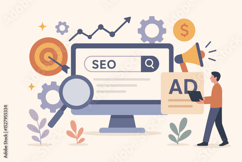 Vector illustration of digital marketing strategy. SEO optimization, online advertising campaign, content promotion for business growth. Data analysis, audience targeting, and increasing sales.