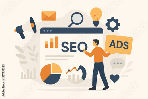 Digital marketing strategy concept. Man with SEO and ADS elements. Business promotion, data analysis, campaign management. Online advertising and search engine optimization. Vector.