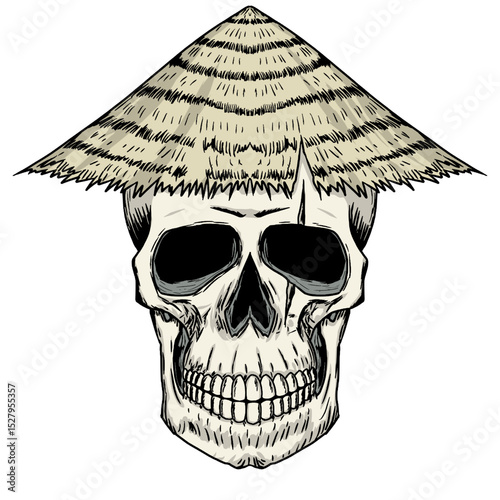 Skull with straw hat vector drawing, transparent background