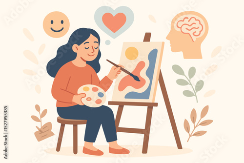 Art therapy concept for mental health and healing. Woman painting for stress relief and emotional wellbeing. Psychology, self care and creativity hobby for mindfulness vector.