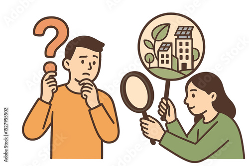 Man contemplates green living as woman presents eco friendly housing solution