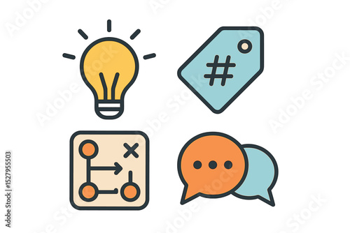 Business ideas and strategy icons isolated, featuring lightbulb, tag, planning and communication