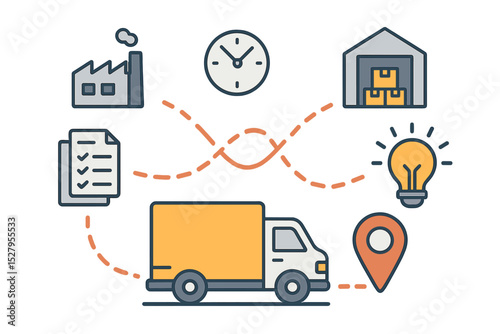 Logistics process cartoon vector icon showcasing truck, factory, clock, warehouse and delivery