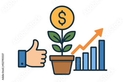 Growing money plant with thumbs up and increasing bar graph represents financial success isolated on white background
