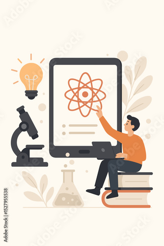 Vector illustration of science education and e-learning. Student with laptop on books studies atoms on a tablet. Online course, scientific research, knowledge, innovation and discovery.