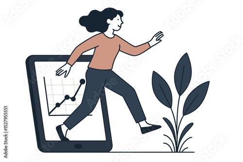 Woman stepping out of digital screen displaying growth chart isolated