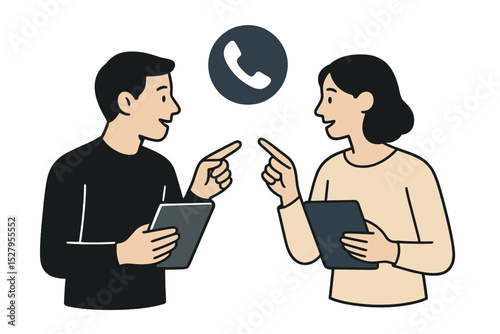 Two people discussing information on tablets and pointing to call icon in cartoon vector style