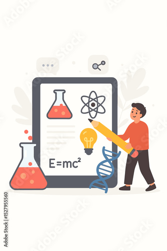 Online science education concept. Student learning on a tablet with interactive icons for physics, chemistry, and biology. STEM e-learning, knowledge, and research vector.