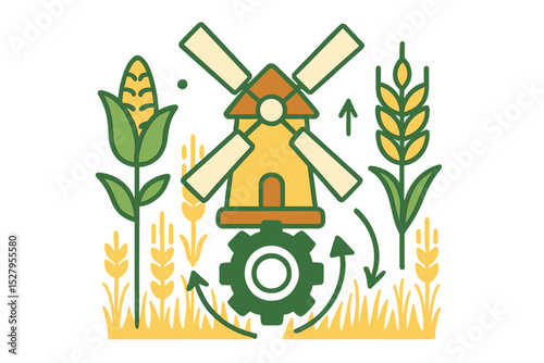 Windmill and growing crops vector icon illustrating agricultural production and sustainable energy
