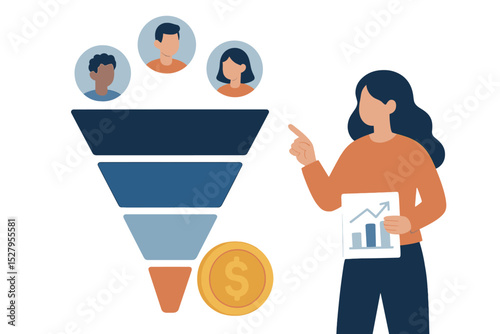 Cartoon vector showing sales funnel stages and customer conversion with statistics