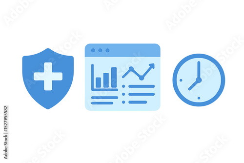 Blue shield with plus symbol, webpage data graph, and analog clock, representing protection, analytics, and time