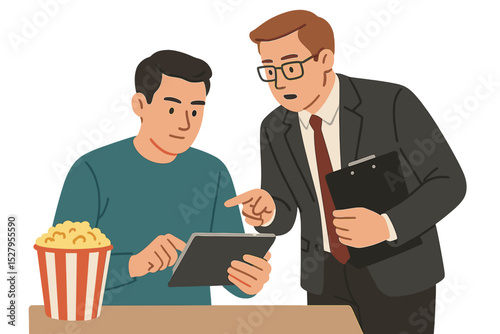 Man showing something on tablet to businessman with popcorn nearby vector