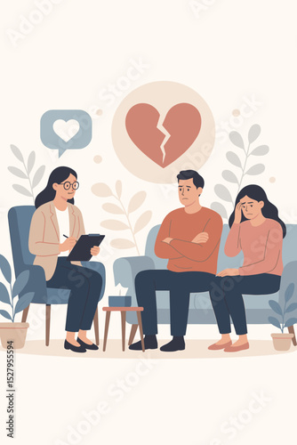 Relationship problems and marriage counseling. Sad couple on a couch talking to a psychologist. Family therapy and mental health support. Divorce prevention, conflict psychotherapy.