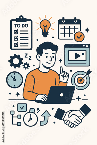 Work management and efficiency concept. Man at laptop multitasking with project management icons like to-do list, calendar, and goals. Business productivity and time management vector.