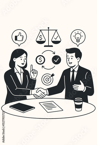 Business negotiation concept. Successful partnership with handshake. Man and woman making a deal. Vector icons for strategy, finance, agreement, ideas, and goals. Corporate collaboration.