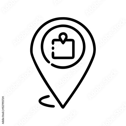 Minimal line icon of a map pin with a package inside, representing delivery location, logistics tracking, and shipment status.
