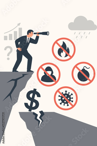 Business risk analysis and management concept. Businessman with telescope forecasting future threats like financial crisis, pandemic, terrorism, and disaster to protect investments.