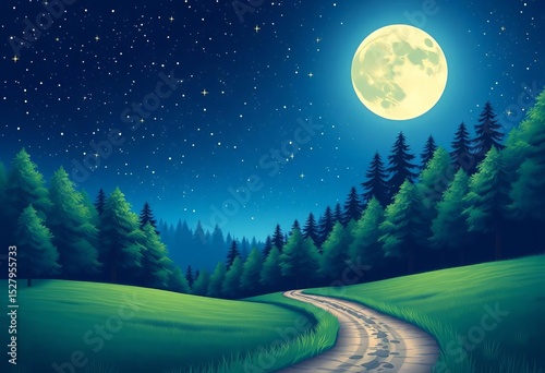 Vector blue starry night, green field, forest road, moon, cute fairytale landscape,  creative,  forest