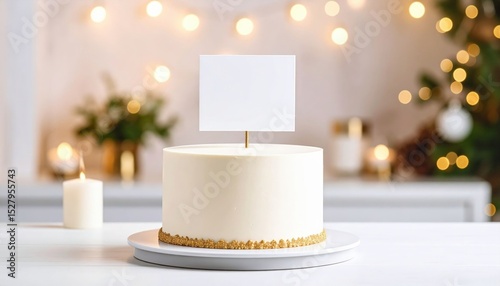 Elegant White Cake With Gold Decorations And Blank Card