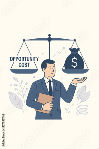 Opportunity cost concept with businessman weighing financial decisions. Balance scale with money bag illustrates investment choice, economic trade-off, risk, and strategy metaphor.