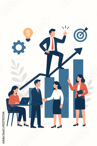 High performance teamwork for business success. Leadership concept with manager on growth chart. Collaboration, partnership handshake, strategy, financial idea, and target goal.