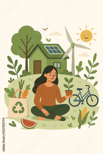 Concept of sustainable living in harmony with nature. Woman with plant, eco house with solar panel, wind turbine, bicycle and reusable bag. Green energy and ecology vector.