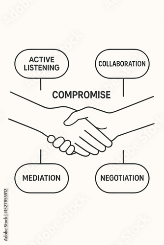 Compromise concept. Handshake line art. Negotiation and mediation. Collaboration symbol. Active listening infographic. Conflict resolution process. Business agreement strategy vector.