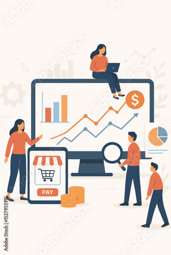 Business team analyzing financial data on dashboard for e-commerce growth. People work on marketing strategy, statistics, report. Investment, sales, profit visualization concept.