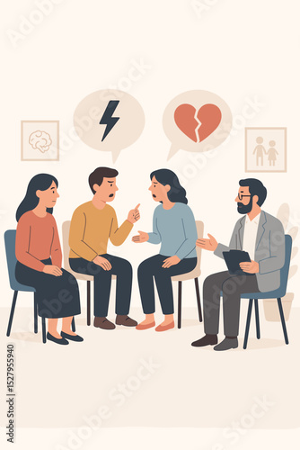 Family therapy session with psychologist. Couple arguing in front of therapist. Concept of relationship crisis, conflict, divorce, breakup, anger, communication problems, mental health.