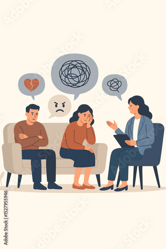 Couple therapy session with a psychologist. Unhappy man and woman discussing relationship problems. Concept for marriage counseling, family crisis, divorce, conflict, and mental health.