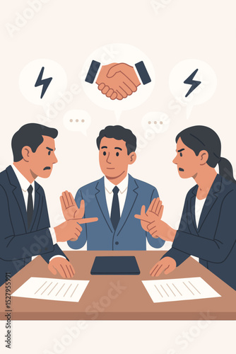 Business conflict resolution with a mediator. Angry man and woman arguing in a meeting. Peacemaker calms a dispute for a successful negotiation, compromise, and handshake agreement.